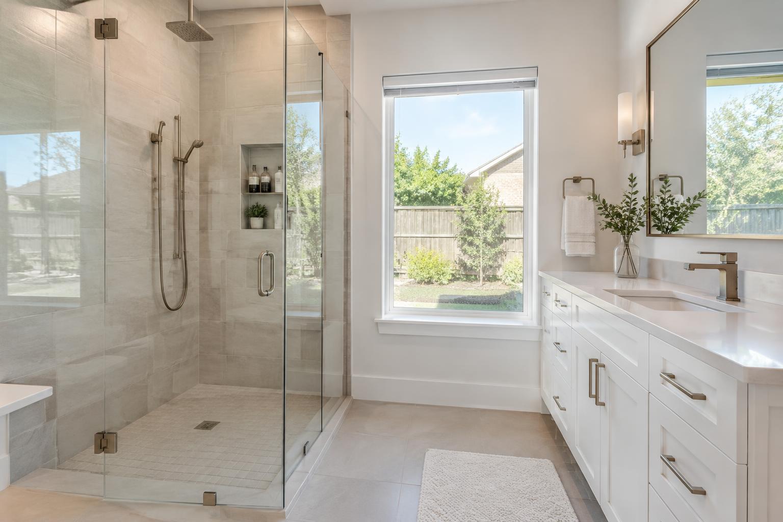 Illustrative remodeled bathroom with glass walk-in shower and white vanity