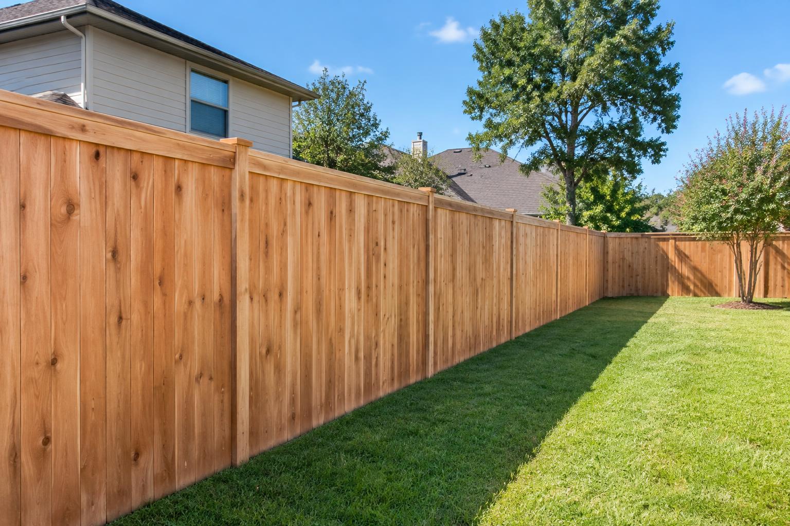 Illustrative new tall wood privacy fence along a residential backyard